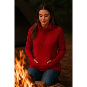 Red Wool Pullover Hoodie Mock Neck Drawstring Pockets Soft Knit Sweater Casual